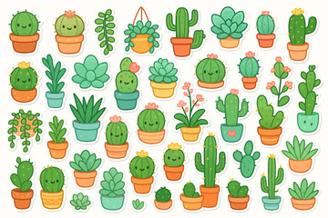 Cute cartoon succulent and cactus collection in colorful pots