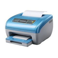 Blue and gray printer with paper isolated on transparent background
