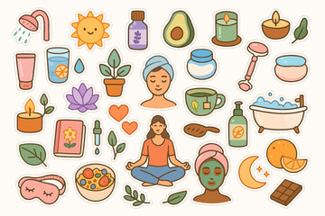 Self-care icons: diverse wellness and relaxation symbols