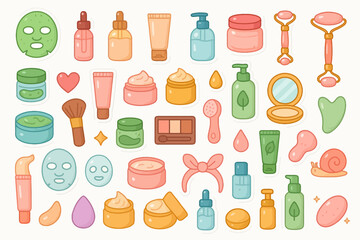 Cute skincare and beauty products collection with colorful cartoon design