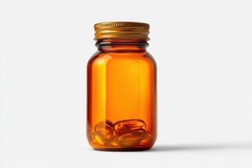 A small amber bottle contains several translucent capsules, suggesting medication or supplements.