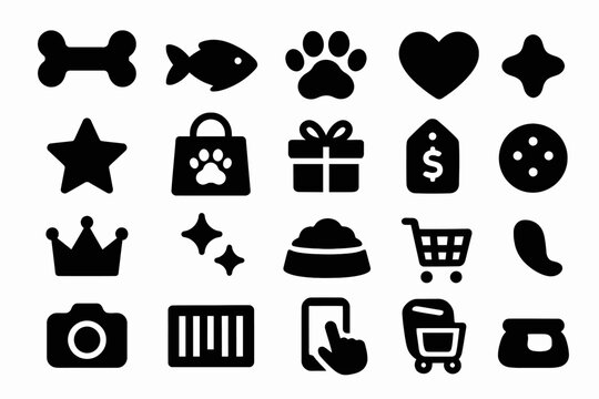 Pet shop icons collection: bones, paw prints, fish, hearts, stars, shopping bags, gifts