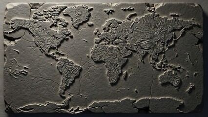 Ancient Stone Relief Map of the World Engraved on Dark Textured Surface