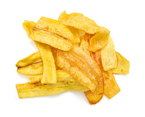 Banana chips on white background 