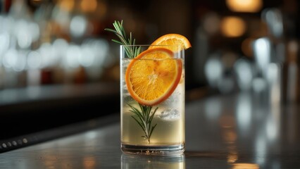 Sparkling Rosemary-Orange Cocktail:  Elegant Highball Glass, Bokeh Background