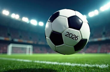 Fototapeta premium a soccer ball with the number 2026 flies into the goal on the football field. happy new 2026 year soccer themed, football background, sport concept, template, soccer field. 2026 new year sport concept