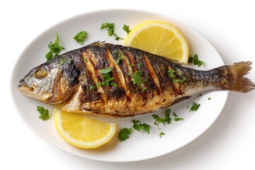 A grilled whole fish is presented on a white plate with lemon slices and parsley.