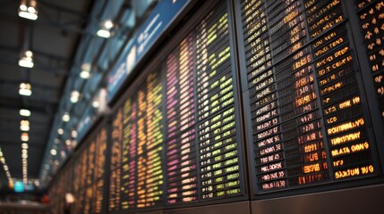 Close up view of a large departure board in an airport terminal displaying flight information