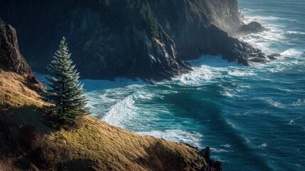 Lone evergreen tree on grassy cliff overlooking churning blue ocean waves and dark rocky coastline