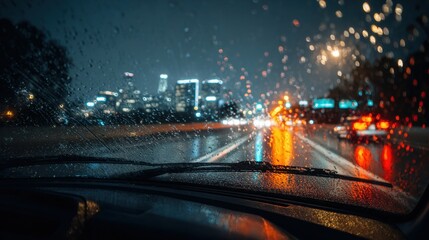 Obraz premium View from car windshield looking at wet road and blurred city lights at night through raindrops