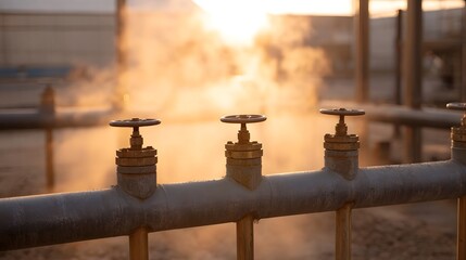 Naklejka premium Sunlit industrial pipeline with valves releasing steam at sunset