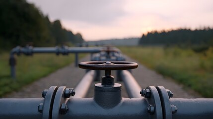 Fototapeta premium Industrial pipeline with a valve wheel in the foreground stretching through a serene natural landscape at dawn under a soft atmospheric sky