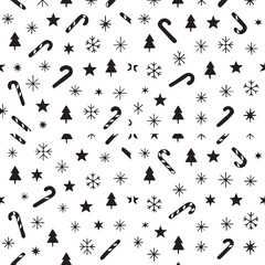 
Black & White Christmas Seamless Pattern: Candy Canes, Snowflakes, Trees, Stars. Monochrome Holiday Background.