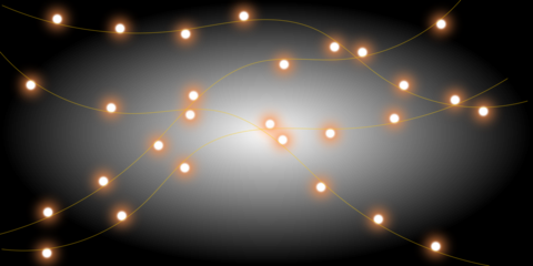 Glowing strings of warm yellow fairy lights creating a magical atmosphere on a dark gradient background.