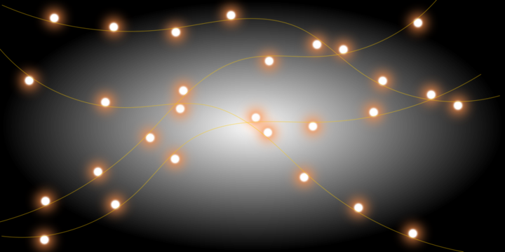 Glowing strings of warm yellow fairy lights creating a magical atmosphere on a dark gradient background.