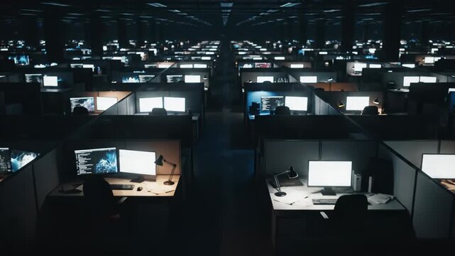 Vast, dark office cubicle farm illuminated only by glowing computer monitors suggesting late night work, data center, or cybersecurity operations
