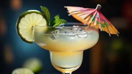 Refreshing Margarita Cocktail with Lime, Mint, Ice, and Decorative Umbrella, Close-Up.