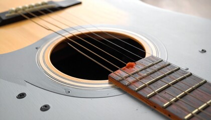 Obraz premium Close-Up of Acoustic Guitar with Red Spiky Ball Inside Sound Hole Against Natural Wood Texture
