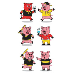 Chubby Pigs Characters Celebrating and Arguing in Various Poses Holding Drinks and Baseball Bats