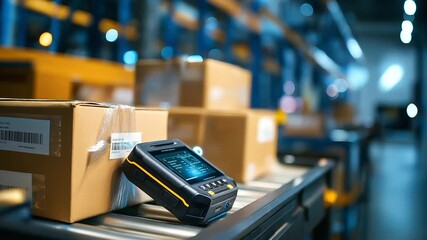 Barcode scanner device, package scanning moment, modern warehouse interior, inventory tracking system, technology integration, storehouse management, professional workflow, defocus
