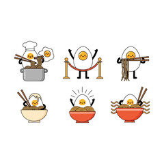 Cute Kawaii Egg Character Set Eating Noodles Ramen Soup Dish Chopsticks Chef Cooking And Presenting Food, Vector Illustration
