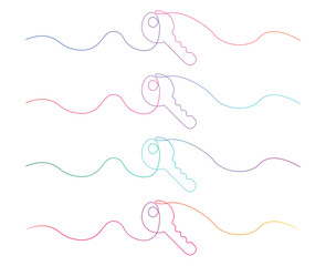 Colorful Keys with Continuous Lines and Wavy Paths on White Background Representing Access Solutions and Security in a Minimalist Design Perfect for Creative Projects