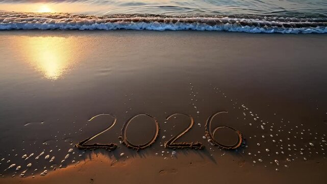 Golden sunset washes over 2026 message written in sand, sparkling ocean waves