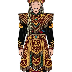 Traditional Mongolian Warrior Woman in Full Ceremonial Outfit with Elaborate Headwear and Braids