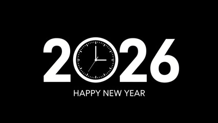 Happy new year 2026 with clock on black background