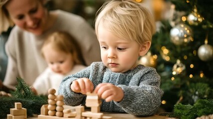 Playing with wooden toys near Christmas tree, faceless infant bonding with family indoors, winter sister and parents time, holiday play concept, defocused ornaments background , wi - Powered by Adobe