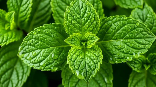 Refreshing mint leaves glistening with dew, perfect for summer drinks and cuisine