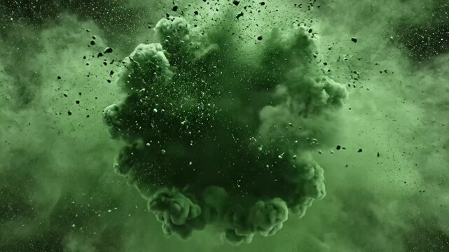 Abstract Green Explosion on Black Background: Dynamic and Energetic Visuals of Smoke, Dust and