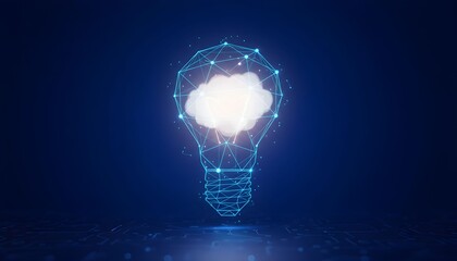Lightbulb with cloud inside, connected by digital network, on blue background.