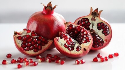 Pomegranate fruit with seeds and cut halves