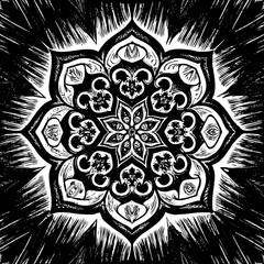 Intricate black and white mandala with radial symmetry