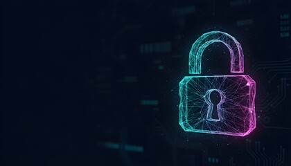 Digital padlock security concept with glowing lines on dark background.