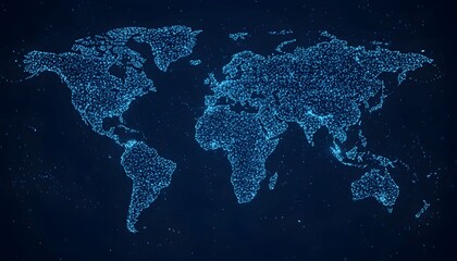 A digital representation of the Earth's continents formed by a multitude of glowing blue particles against a dark background.