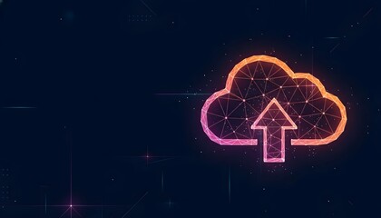 A glowing, low-poly cloud icon with an upward arrow, symbolizing data upload or cloud storage in a digital network environment.