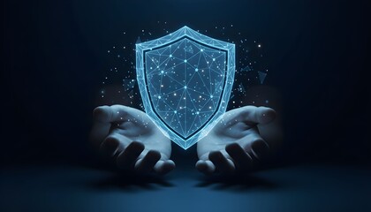 Hands cradling a glowing digital shield, symbolizing security and protection in cyberspace.