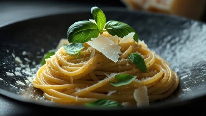 Spaghetti with basil and parmesan cheese