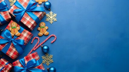 Festive christmas gifts and decorations on a deep blue background