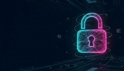 Neon padlock graphic representing cybersecurity, data protection, and digital privacy on dark background.