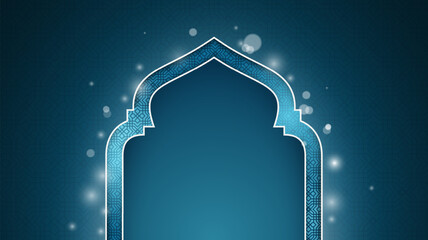 Islamic background with mosque arch in light effect design and islamic pattern
