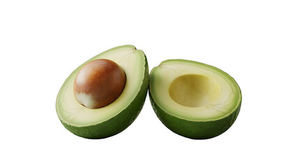 Avocado halves: Two freshly sliced avocado halves showcase their vibrant green flesh and a single, textured seed, presented in a clean and appetizing display.