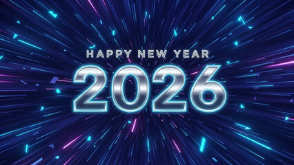 Happy new year 2026 futuristic glowing neon light celebration