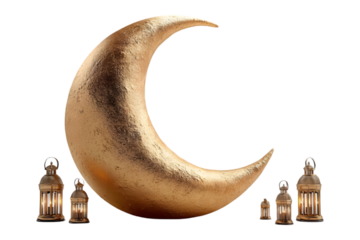 Elegant Golden Crescent Moon and Lit Lanterns on transparent background