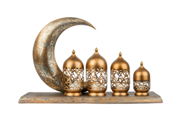 Ornate Golden Crescent Moon Decoration with Four Intricate Lanterns
