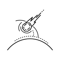 Meteorite entering planet atmosphere, cosmic impact line art icon