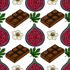 A delightful vector pattern featuring ripe figs, rich chocolate bars, delicate white flowers, and vibrant green fig leaves, creating a sweet and natural aesthetic.