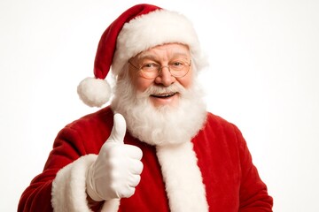 Naklejka premium Santa Claus dressed in a red suit and hat, with a white beard and glasses, giving a thumbs up gesture, looking at camera